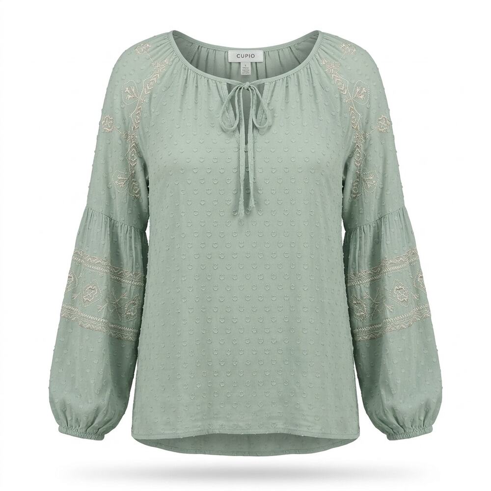 Cupio Sage Green Embroidered Swiss Dot Boho Peasant Blouse Women Size L